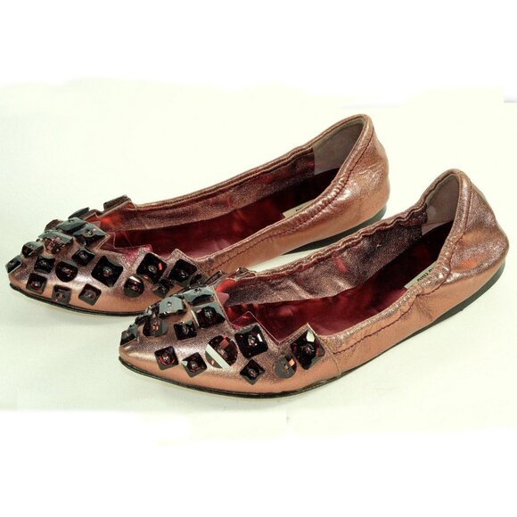 Miu Miu Prada Metallic Rose Jeweled Flats Ballet Leather Shoes 36 1/2 - Picture 3 of 6